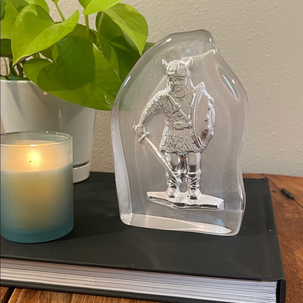 Vintage Sweden Viking Warrior Crystal Paperweight – 1960s Swedish Art Glass